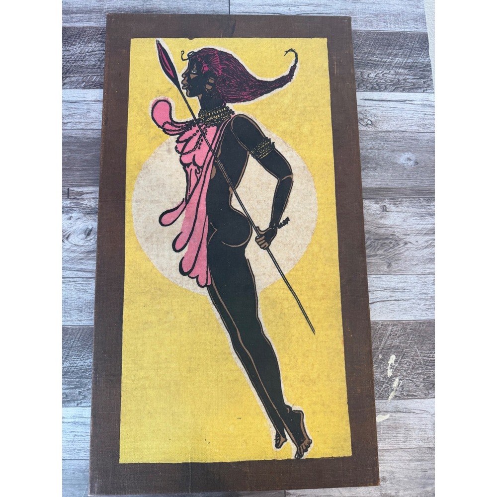 VTG Mid Century Modern African Warrior Dancer Fabric Print Silhouette Art MCM